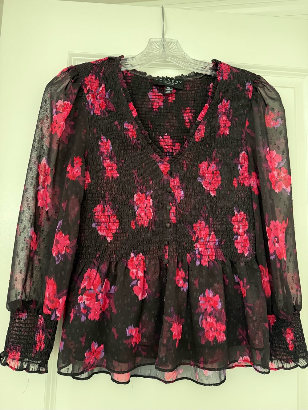 Laundry by Shelli Segal Black Floral Smocked V-Neck Peplum Blouse
